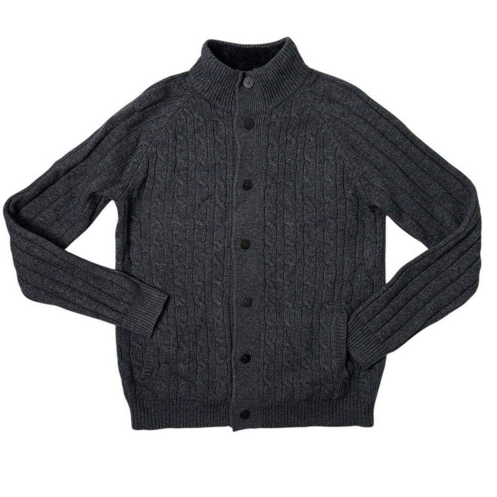 Express Mens L Gray Cable Knit Wool Blend Snap Front Stand Collar Sweater Jacket